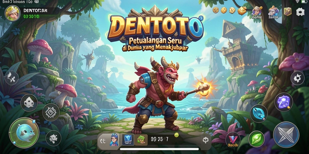 Tangkapan layar DENTOTO menampilkan karakter menjelajahi dunia yang penuh warna.