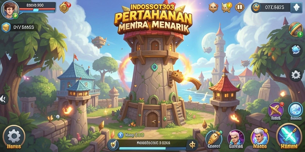 Tangkapan layar gameplay <strong>INDOSLOT303</strong> menampilkan strategi tower defense yang menegangkan.