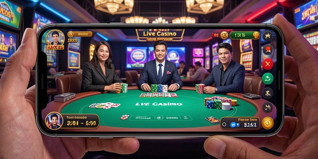 Screenshot utama JKT8 menampilkan dealer langsung dan suasana kasino yang mendebarkan.