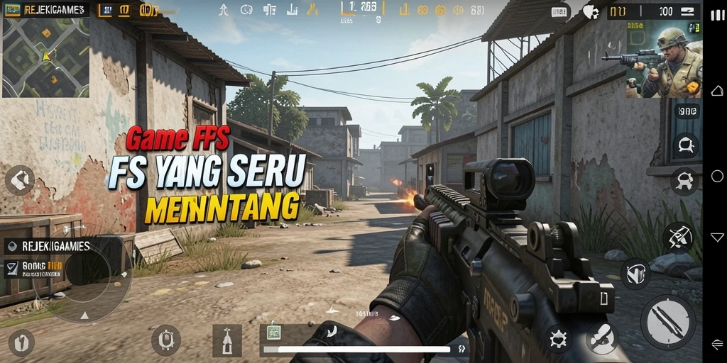 Tangkapan layar gameplay <strong>REJEKIGAMES</strong> menunjukkan aksi menembak yang intens dan lingkungan yang detail.