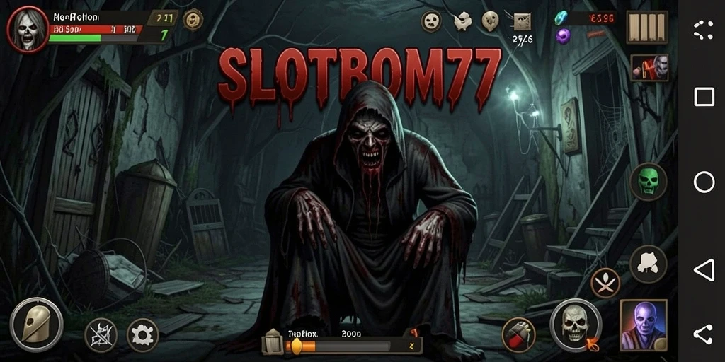 Screenshot utama SLOTBOM77 yang menunjukkan suasana gameplay menegangkan dalam kegelapan.